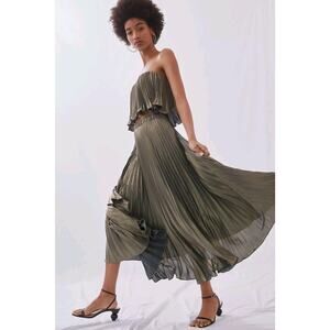 Anthropologie Olive Metallic A-Line Pleated Skirt Maxi Length Women's Sz 6